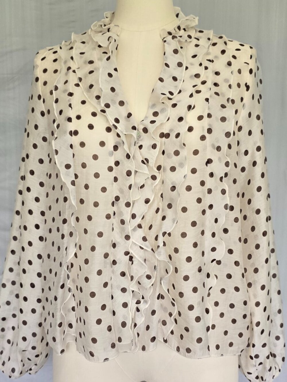 NWT Zara Ruffled Polka Dot Blouse Ecru Brown Sheer V-Neck Top Size S
